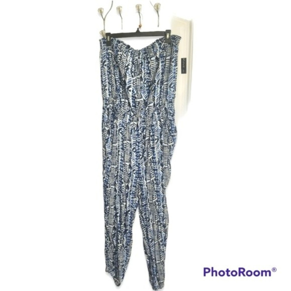 Women's Plus-Size Strapless Blue White Tribal Print Romper w/Pockets 3X